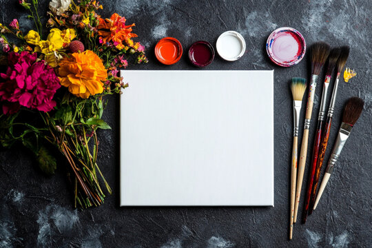 Creative flat lay of art supplies with flowers and blank canvas