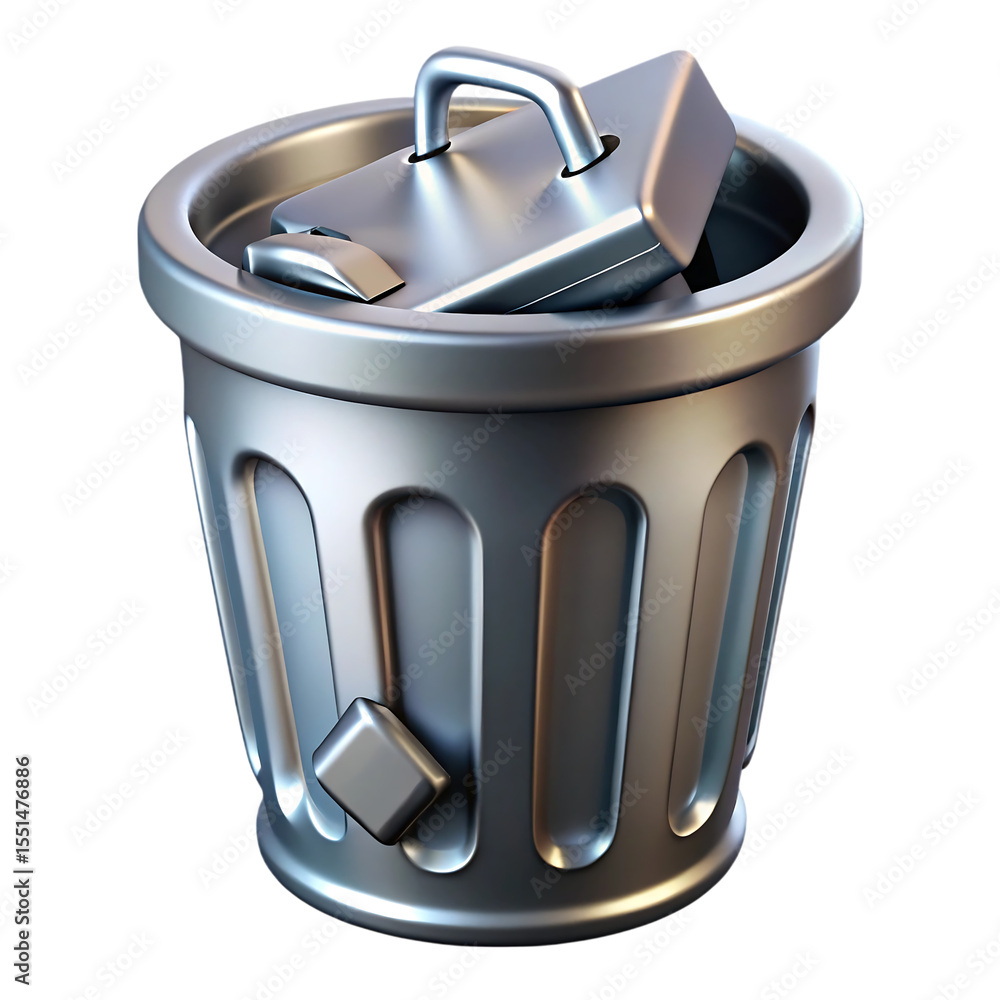 Aufkleber metallic 3d trash bin icon with computer hardware elements depicting data disposal