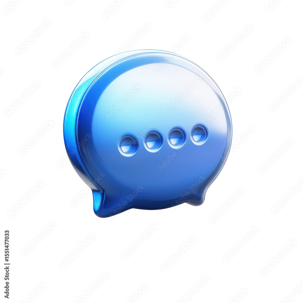 Poster blue shiny chat bubble icon with typing indicator glossy message on transparent background