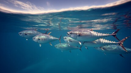 Fototapeta premium Underwater view of tuna school swimming in clear blue ocean. Marine wildlife scene with fish group moving together in transparent sea water, representing freedom, nature, ecosystem, and aquatic life