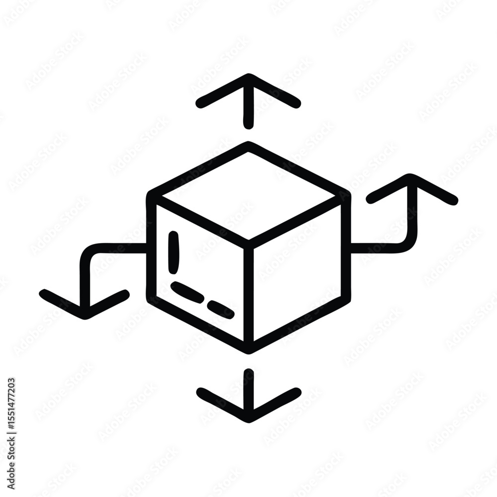 Poster isometric cube with arrows indicating movement in all directions for product display or packaging de