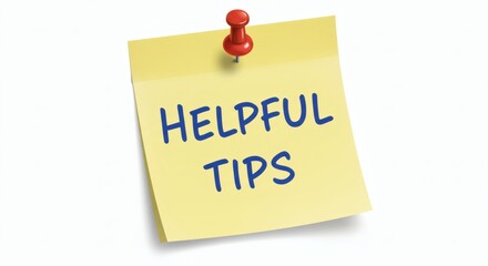 Helpful Tips Reminder Yellow Note with Red Pushpin on White Background.