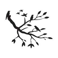 Birds on a Branch Silhouette with Leaves and Birds Flying Away