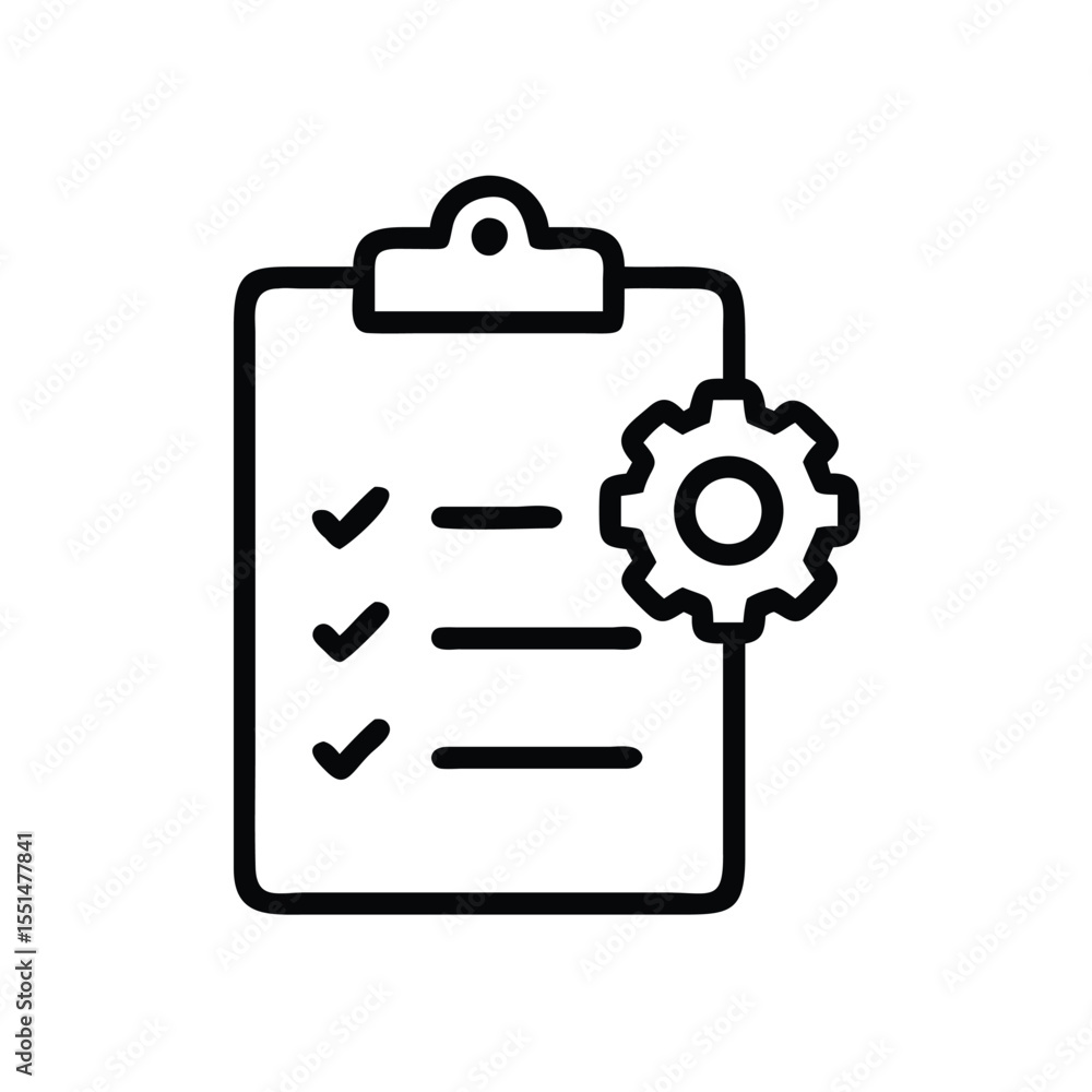 Poster clipboard with check marks and a gear icon representing settings and task management process flow di