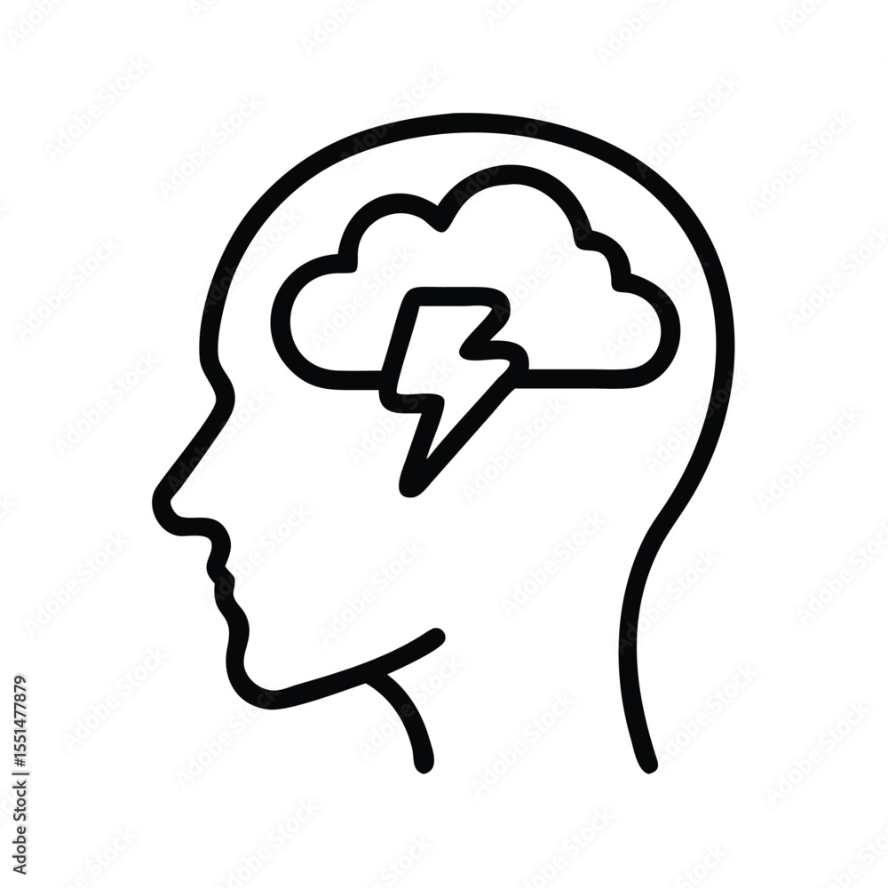 Poster outline of a human head profile with a cloud and lightning bolt inside representing a brainstorm ide