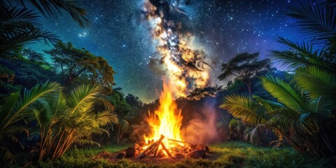 A large bonfire burning brightly amidst dense jungle foliage under starry night sky, jungle fire, night sky, jungle fire, night sky