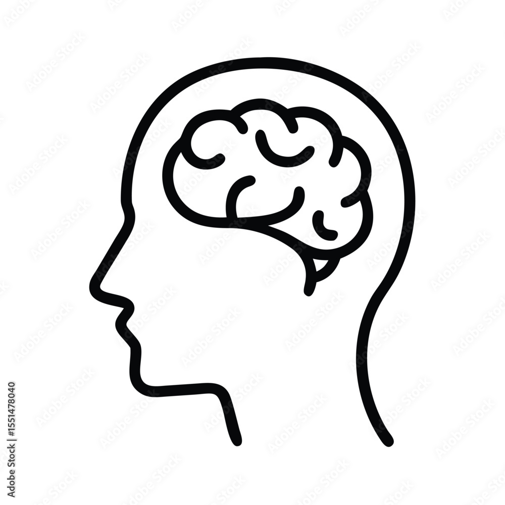 Poster outline of a head in profile with a brain inside the head representing thought and intelligence conc