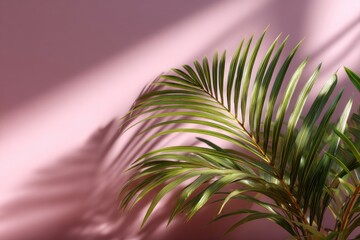 Palm fronds cast shadows on a mauve wall creating a tropical ambiance with bright light