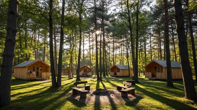 Group of small wooden cabins in forest campground with morning sun and fire pit in center, surrounded by trees and benches, outdoor camping concept 