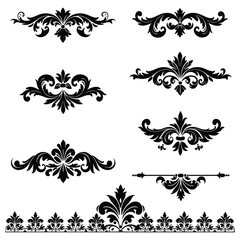 Black and White Floral Damask Design Elements Set Ornate Swirls Flourishes Borders ornament