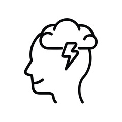 Outline of a head with a cloud and lightning bolt symbolizing a mental storm or creative idea process