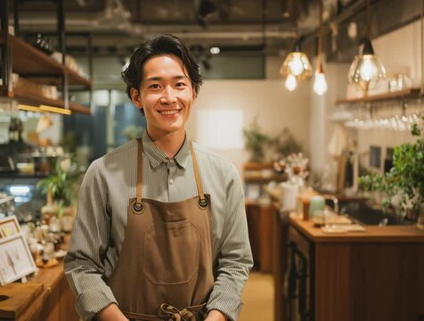 カフェ店内で笑顔の若い男性スタッフのポートレート