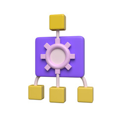 3d isometric icon representing a hierarchical structure with a central gear mechanism