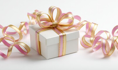White gift box with a pink and gold ribbon tied in a bow on a light background.
