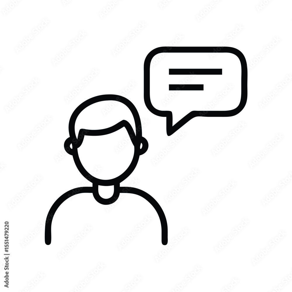 Poster outline of a person with a speech bubble containing horizontal lines indicating communication and di