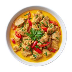 Delicious Chicken Curry Stew with Fresh Herbs and Red Chili Peppers Garnish on a White Background