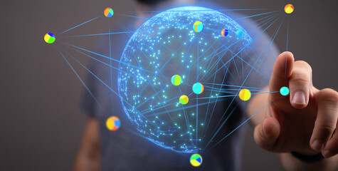 Interactive visualization of worldwide network data, showing connections and analysis points.