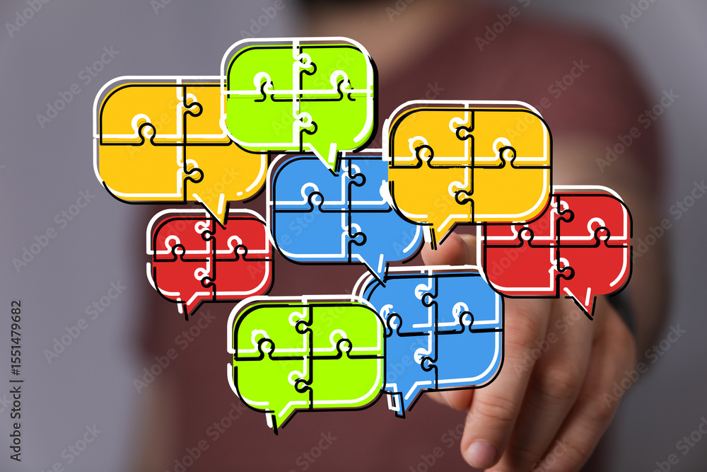 Poster colorful puzzle pieces in speech bubbles represent teamwork, communication, and problem-solving.