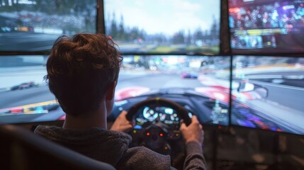 A person engrossed in a virtual racing game, sitting at a multi-monitor setup.