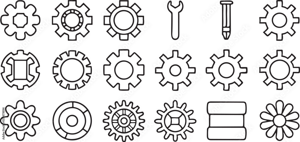 Poster editable black outline configuration icon set flat vector in grid layout for settings panel
