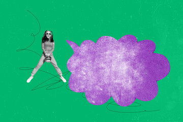 Collage trend artwork composite sketch poster of young lady jump hold discoball smile text cloud...