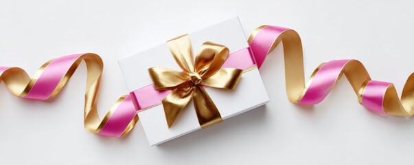 White gift box with a pink and gold ribbon tied in a bow on a light background.