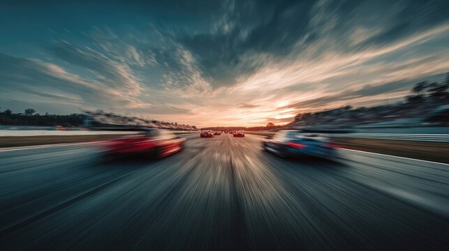 Fast-paced Formula 1 race car speeds through a stadium at sunset.