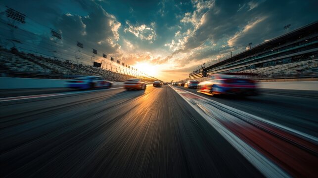 Fast-paced Formula 1 race car speeds through a stadium at sunset.