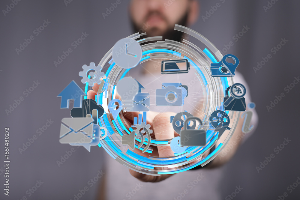Aufkleber A man interacts with a digital interface showing various app icons, representing modern technology and connectivity.