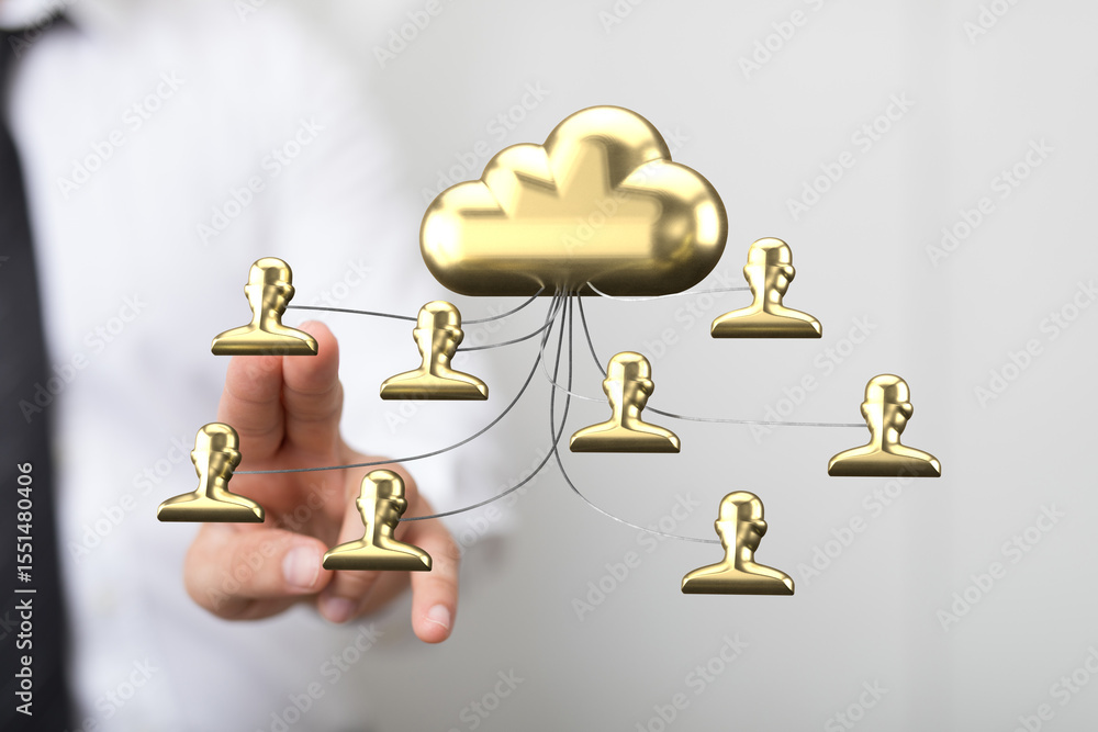 Aufkleber Image depicts secure cloud computing, data sharing, network collaboration, and digital teamwork.