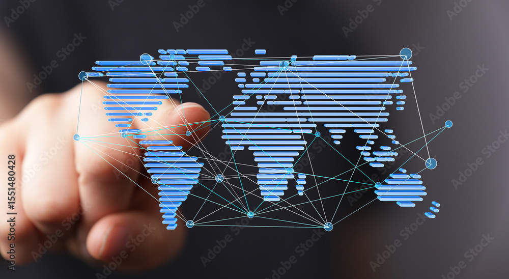 Fototapete image depicts a hand interacting with a digital world map, symbolizing global connectivity and netwo
