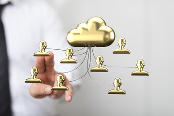 Image depicts secure cloud computing, data sharing, network collaboration, and digital teamwork.