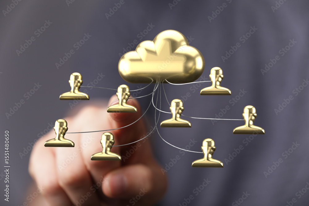 Aufkleber Image depicts secure cloud data sharing and collaboration among users. Ideal for tech, business, and networking concepts.