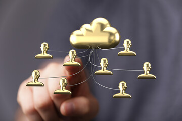 Image depicts secure cloud data sharing and collaboration among users. Ideal for tech, business,...