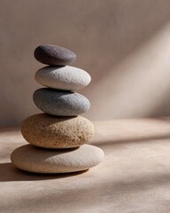 A stack of five smooth stones balancing on top of one another, with sunlight casting shadows on the background.