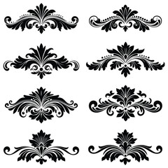 Eight Black and White Ornate Floral Damask Design Elements Set Elegant Swirls Leaves Flourishes Vintage Style Decorative Borders