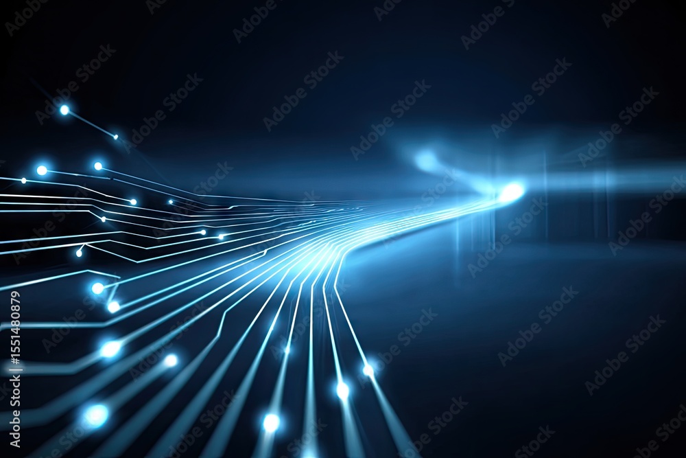 Poster abstract digital circuit pathway. blue glowing lines and points form a curving path through a dark b