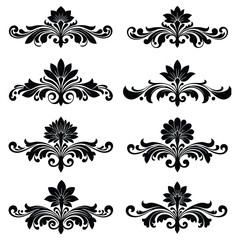 Eight Black Floral Damask Ornaments Set White Background Elegant Swirls Flourishes Design Elements vector