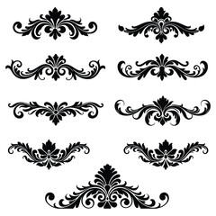 Eight Black Floral Ornaments Set White Background Elegant Swirls Vintage Style Design Elements Decorative Accents Flourishes