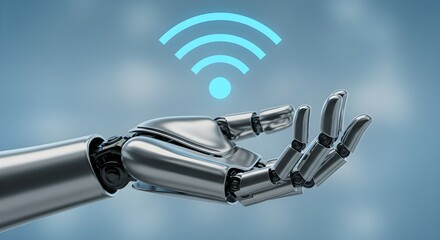 Robotic hand showing a radiating Wi-Fi symbol. Artificial intelligence and internet connection concept for future communication.