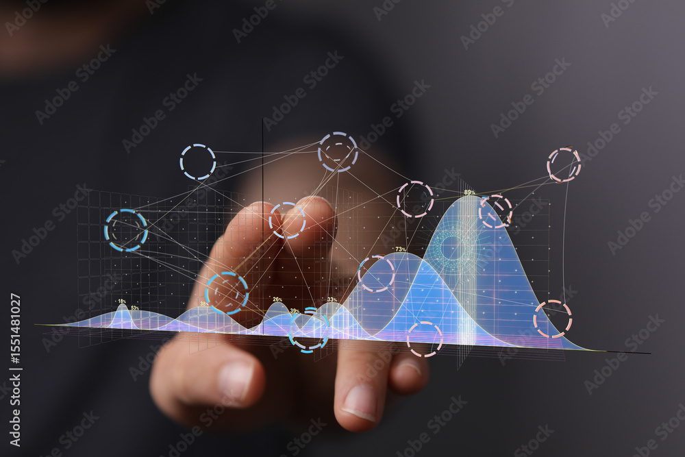 Poster businessman analyzing data, charts, graphs, and statistics. digital technology and modern business c