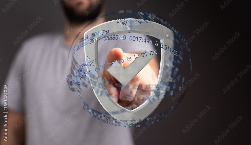 Poster person interacting with a digital shield, symbolizing online security and data protection.