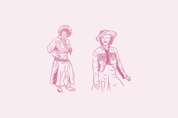 Vintage Cowgirls in Pioneer Style – Feminine Wild West Illustration
A pink vintage illustration of two women in early western wear, exuding a bold and graceful frontier spirit.  