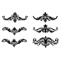 Six Black and White Ornate Floral Design Elements Set Swirls Flourishes Vintage Style Decorative Borders