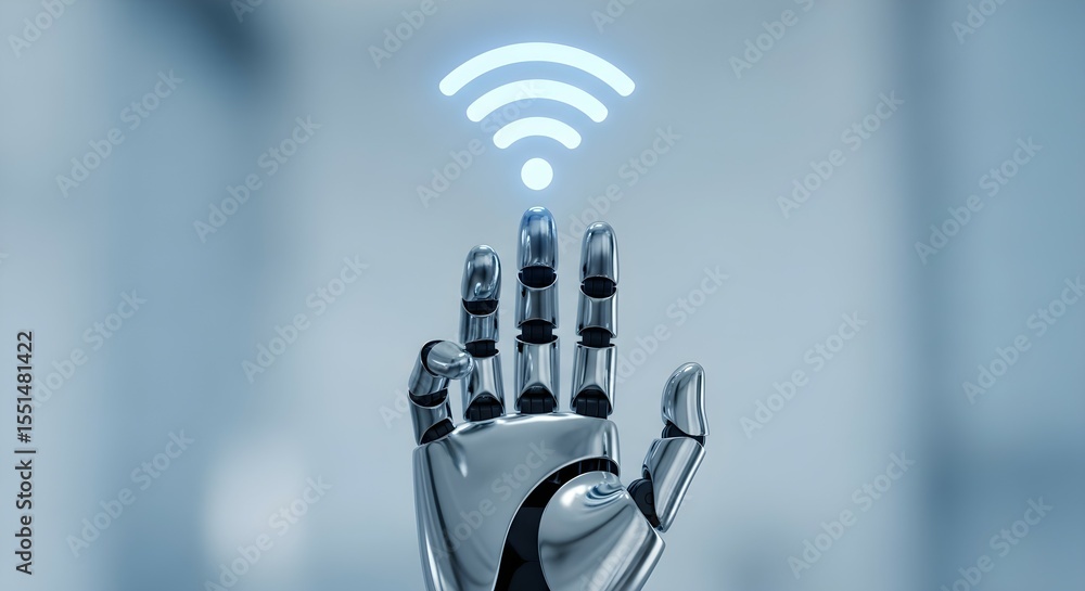 Poster robotic hand showing a radiating wi-fi symbol. artificial intelligence and internet connection conce