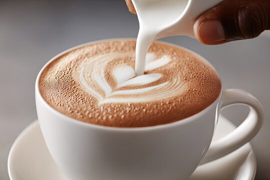 A hand pours milk onto a latte art heart