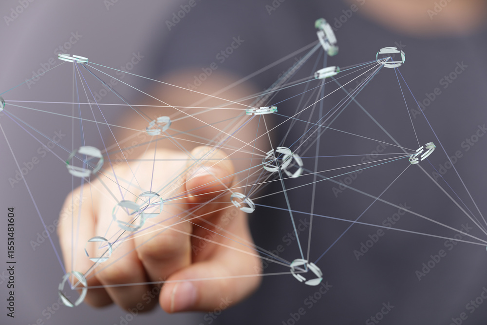 Poster Abstract image of a hand interacting with a complex network of interconnected nodes, representing global connectivity and data flow.
