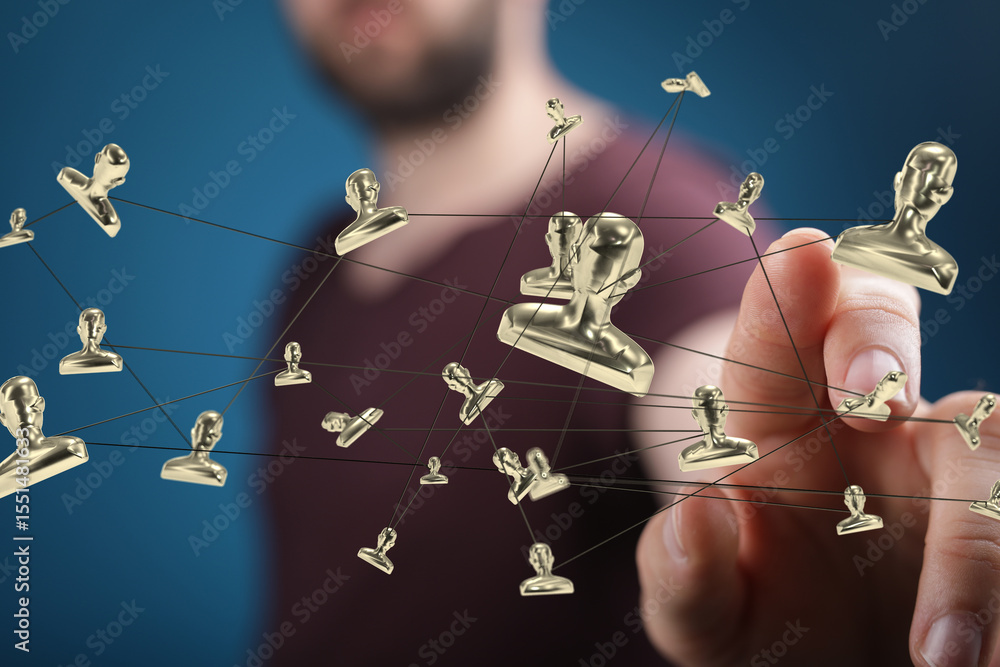 Poster Image of a man interacting with a network of golden profile icons, symbolizing social media connections and global networking.