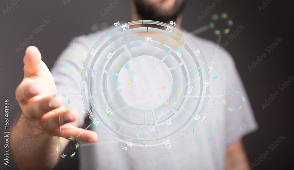 Aufkleber Stock photo of a man interacting with a futuristic holographic display showing data analysis.