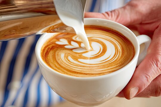 Latte art creation.  Milk being poured over a meticulously designed latte art pattern